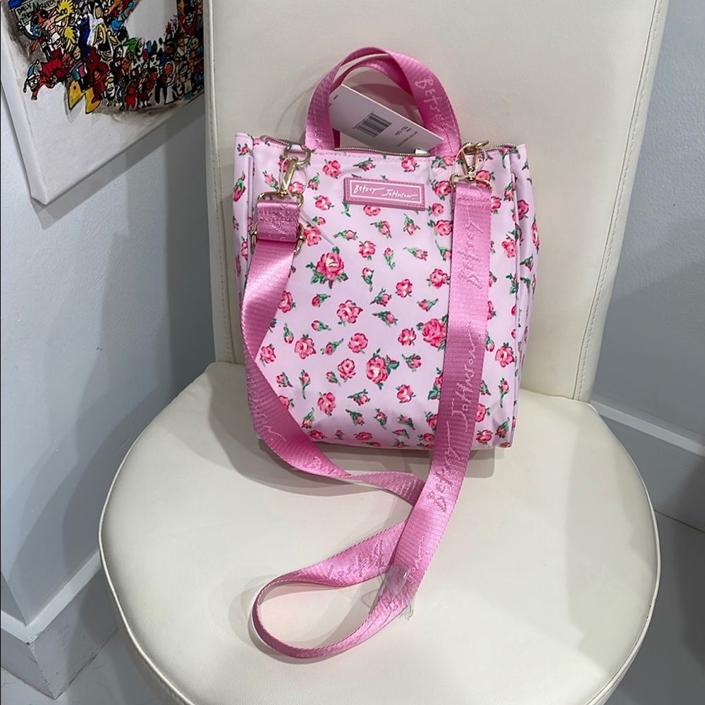 Betsey Johnson Pink/Green Floral Insulated Lunch Tote with Crossbody Strap